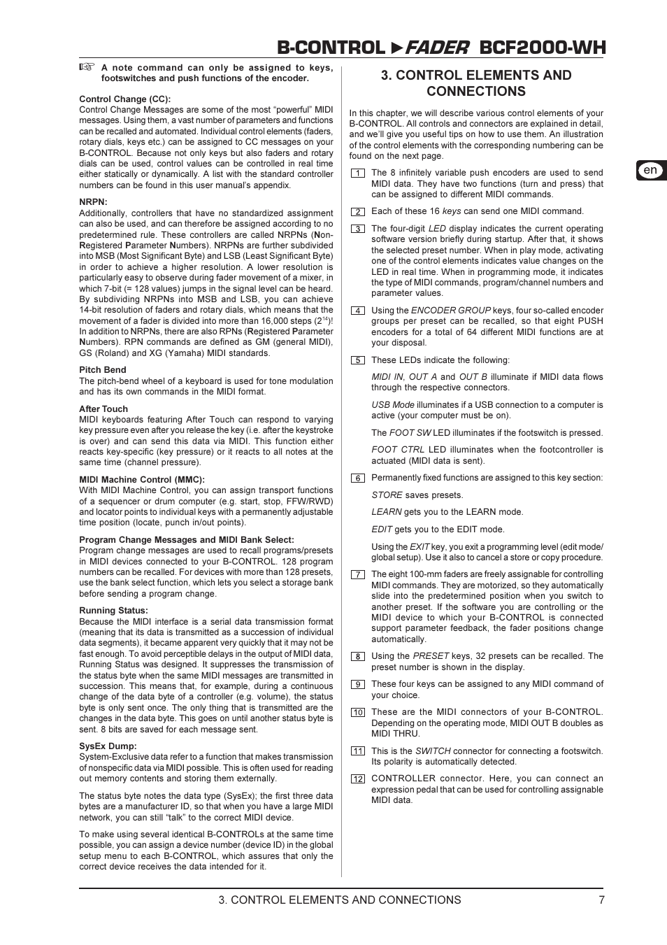 B-control fader bcf2000-wh, Control elements and connections | Behringer BCF2000-WH User Manual | Page 7 / 24