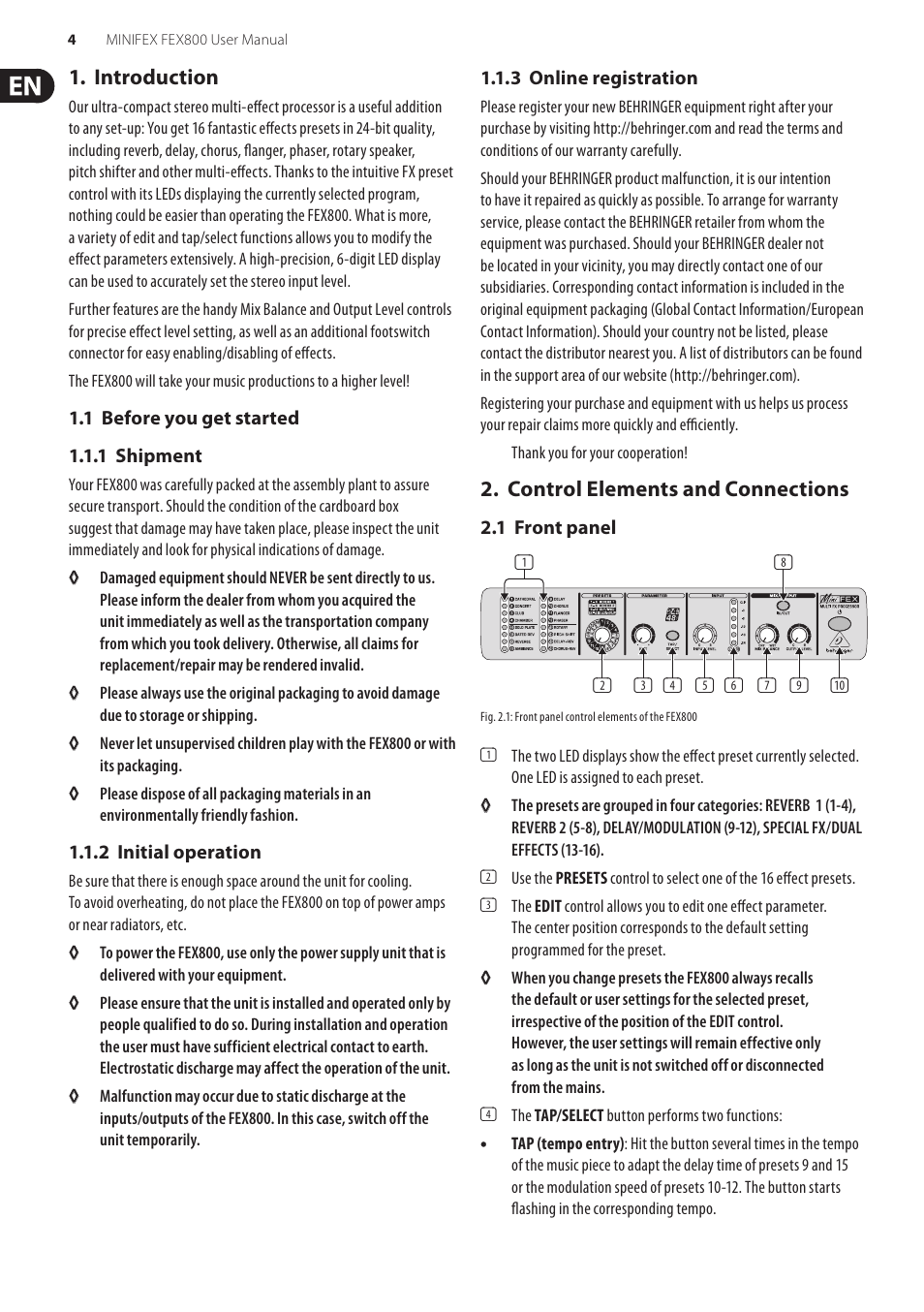 Introduction, 1 before you get started, Control elements and connections | 1 front panel | Behringer Minifex FEX800 User Manual | Page 4 / 11