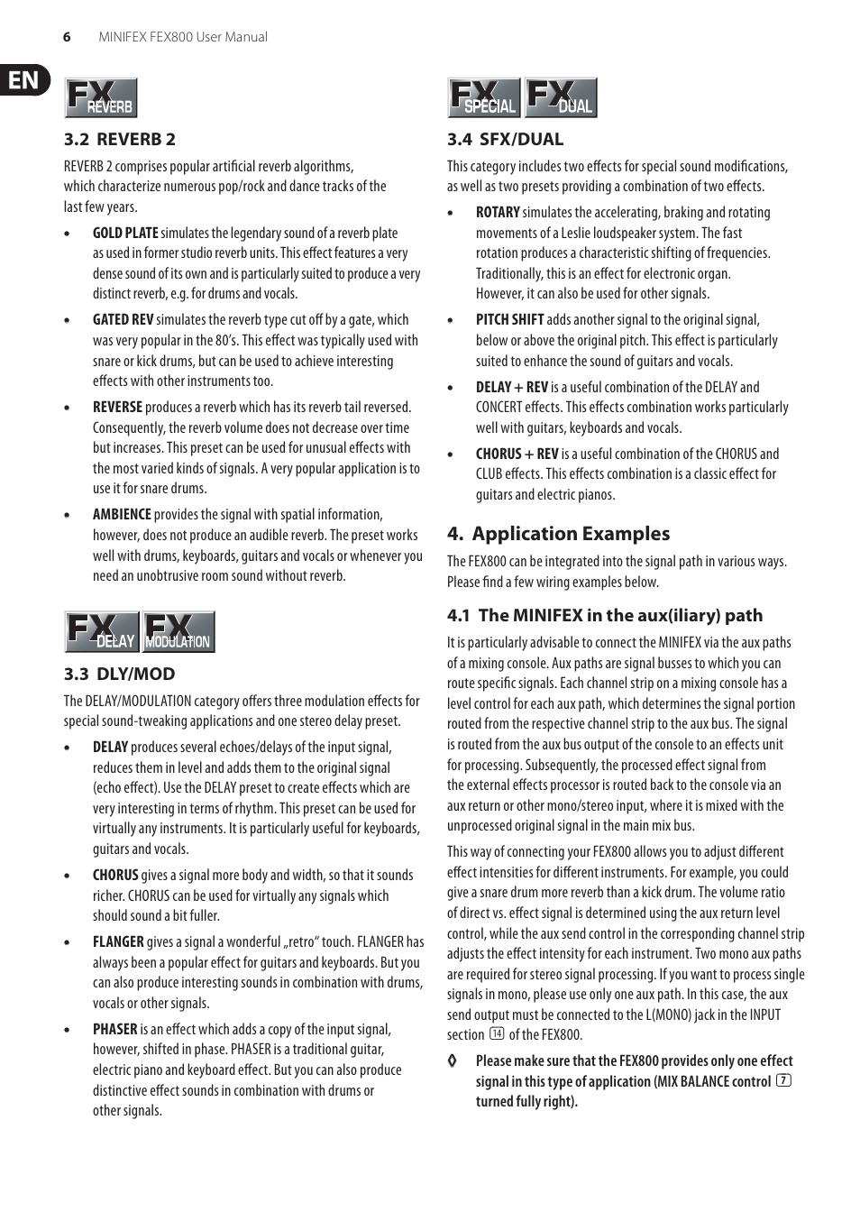 2 reverb 2, 3 dly/mod, 4 sfx/dual | Application examples, 1 the minifex in the aux(iliary) path, 2 reverb 2 3.3 dly/mod 3.4 sfx/dual | Behringer Minifex FEX800 User Manual | Page 6 / 11