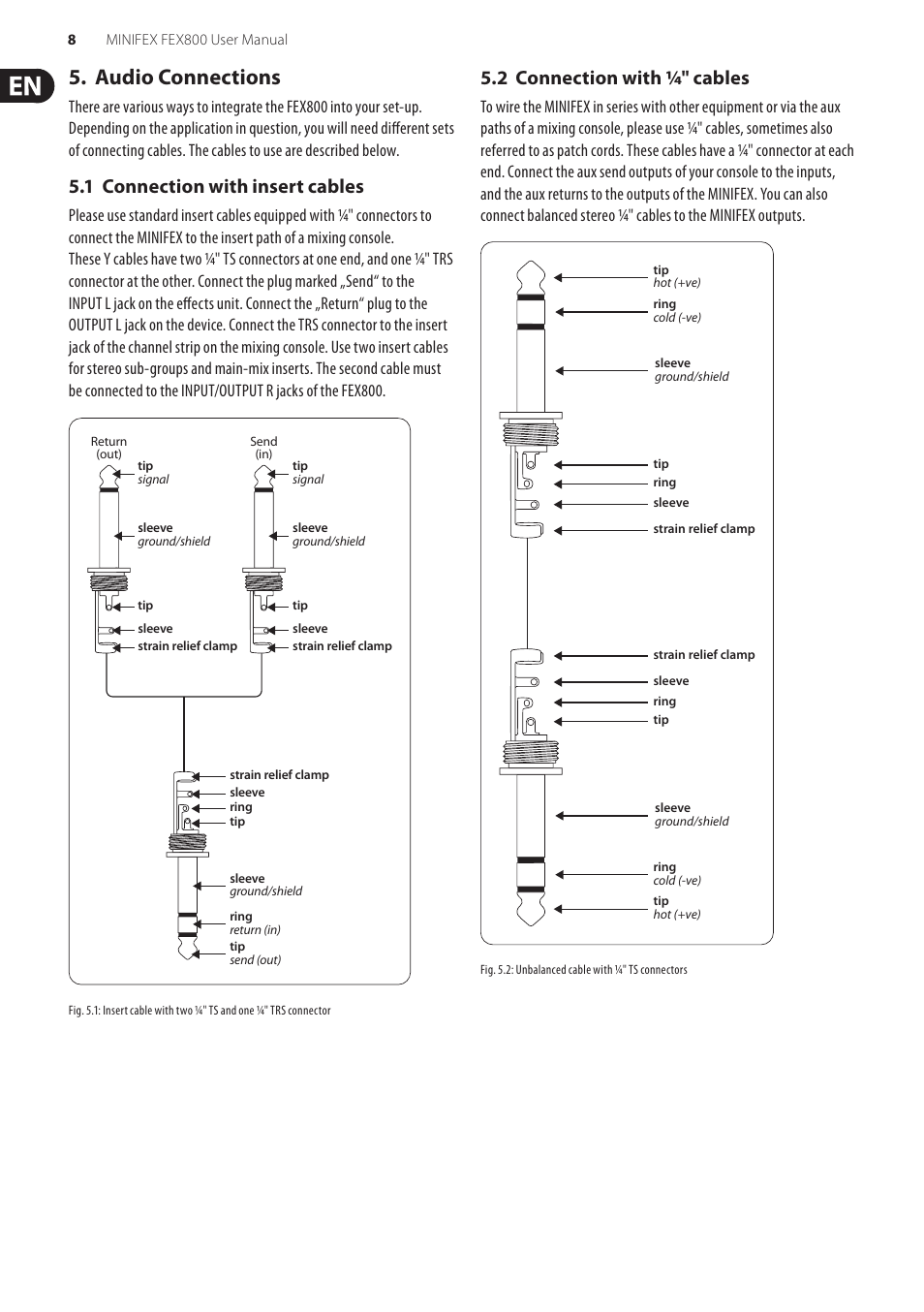 Audio connections, 1 connection with insert cables, 2 connection with 1/4" cables | Behringer Minifex FEX800 User Manual | Page 8 / 11