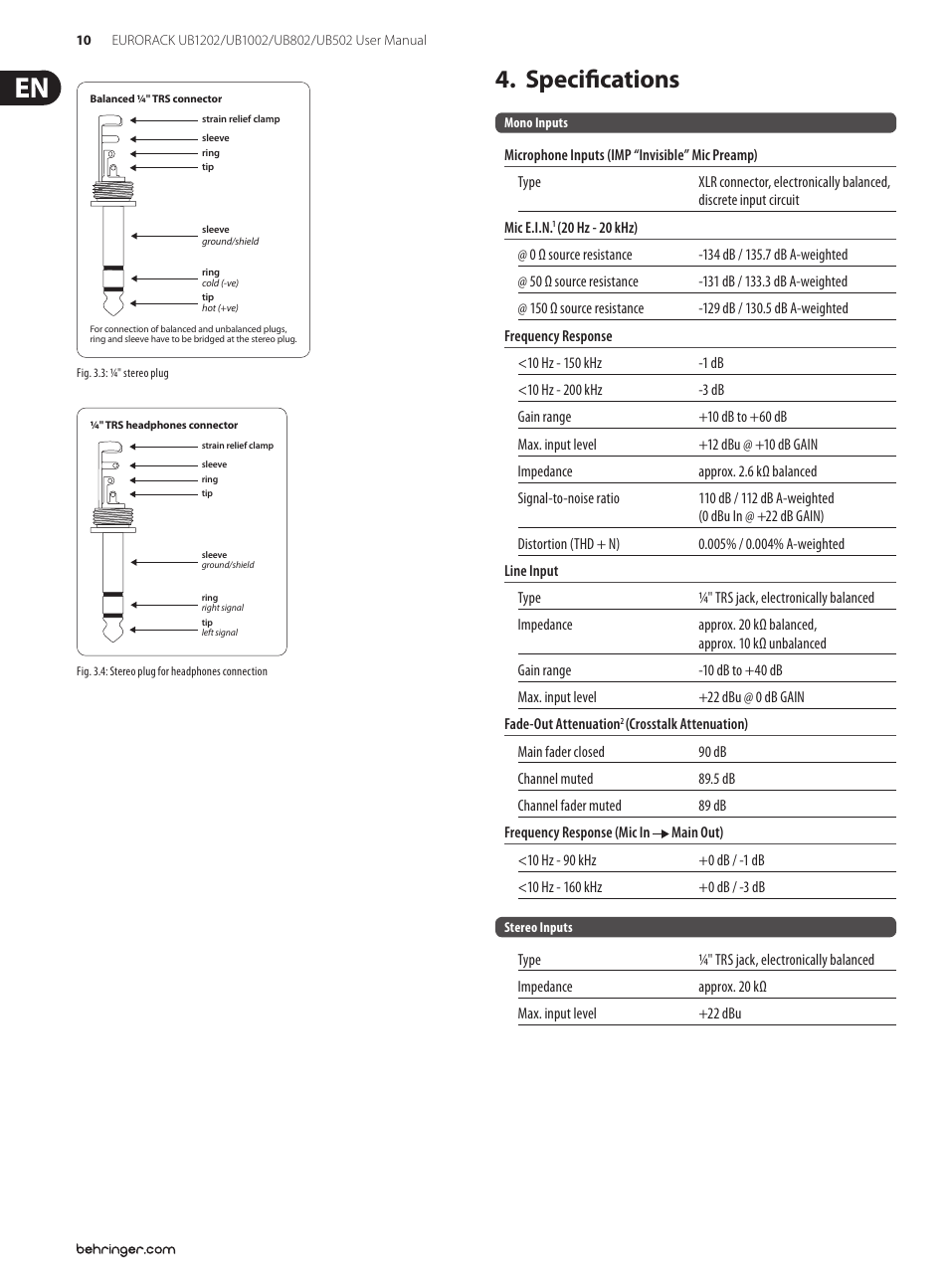 Specifications | Behringer Audio Mixer UB1202/UB1002 User Manual | Page 10 / 12