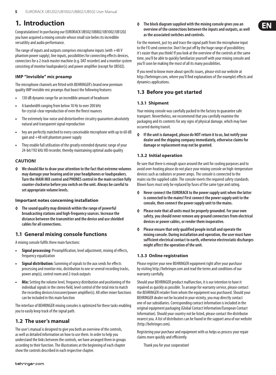 Introduction, 1 general mixing console functions, 2 the user’s manual | 3 before you get started | Behringer Audio Mixer UB1202/UB1002 User Manual | Page 5 / 12