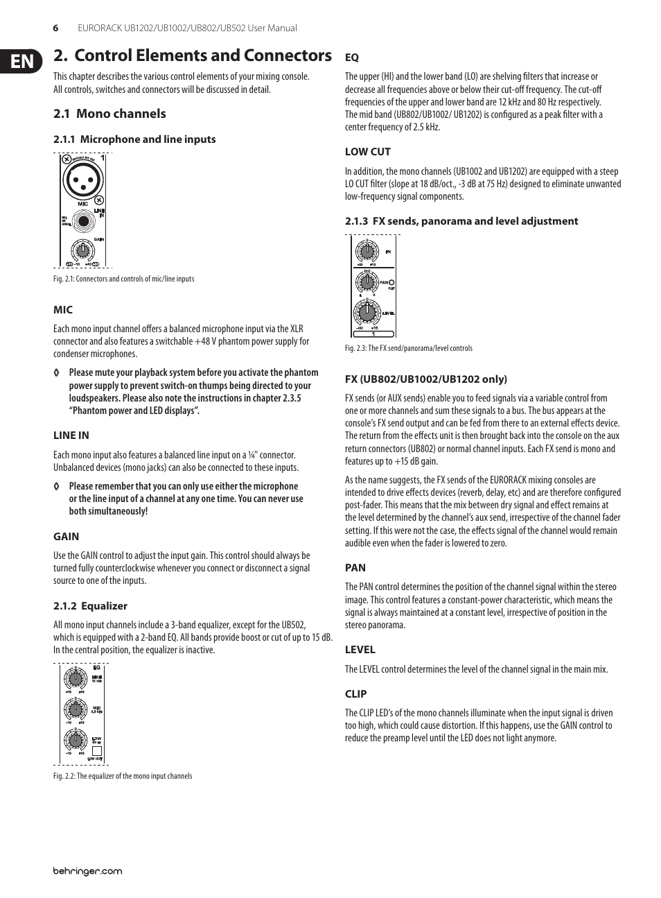 Control elements and connectors, 1 mono channels | Behringer Audio Mixer UB1202/UB1002 User Manual | Page 6 / 12