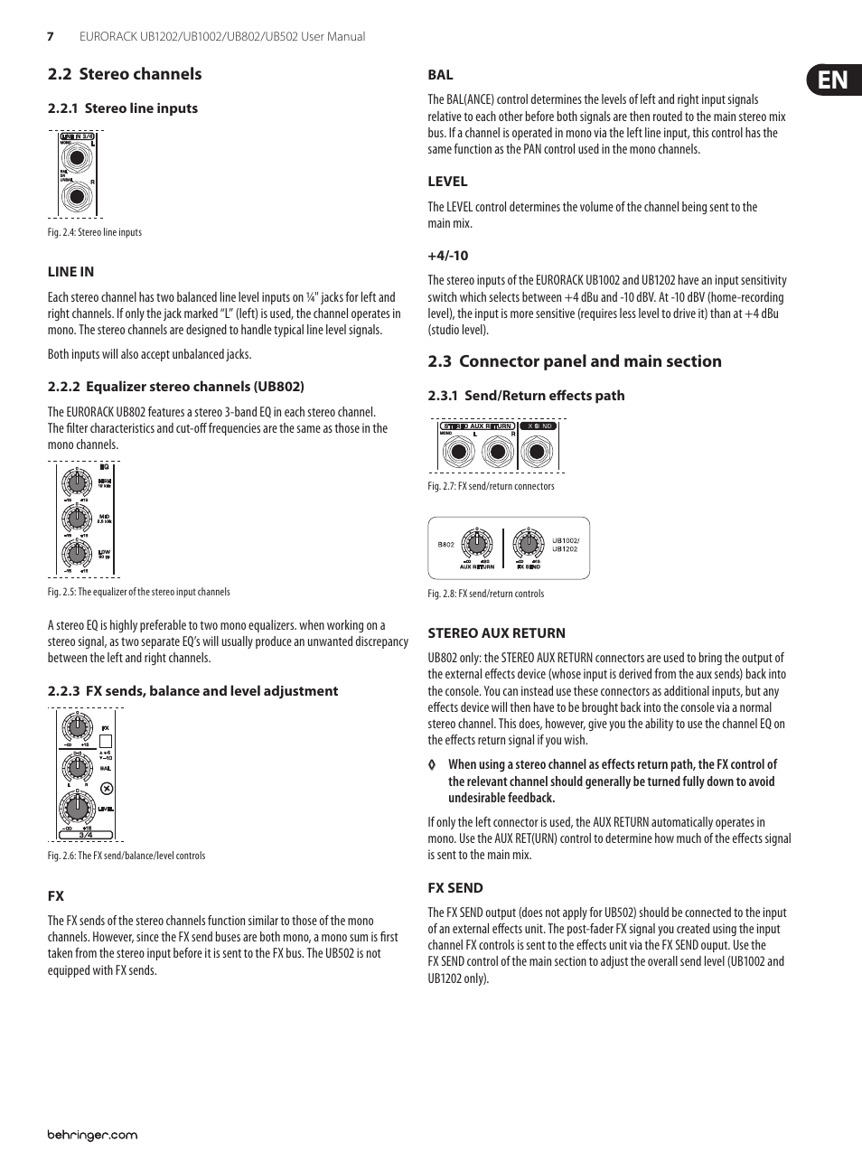 2 stereo channels, 3 connector panel and main section | Behringer Audio Mixer UB1202/UB1002 User Manual | Page 7 / 12