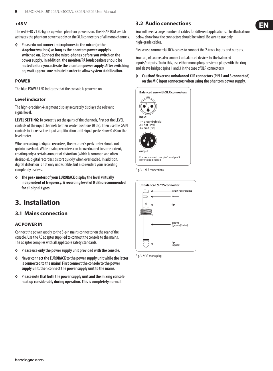 Installation, 1 mains connection, 2 audio connections | 1 mains connection 3.2 audio connections | Behringer Audio Mixer UB1202/UB1002 User Manual | Page 9 / 12