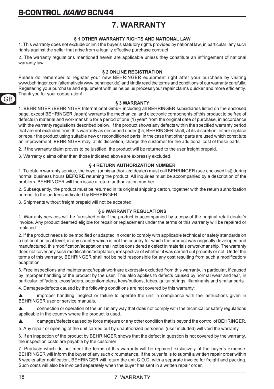 B-control nano bcn44 7. warranty | Behringer B-CONTROL NANO BCN44 User Manual | Page 18 / 19