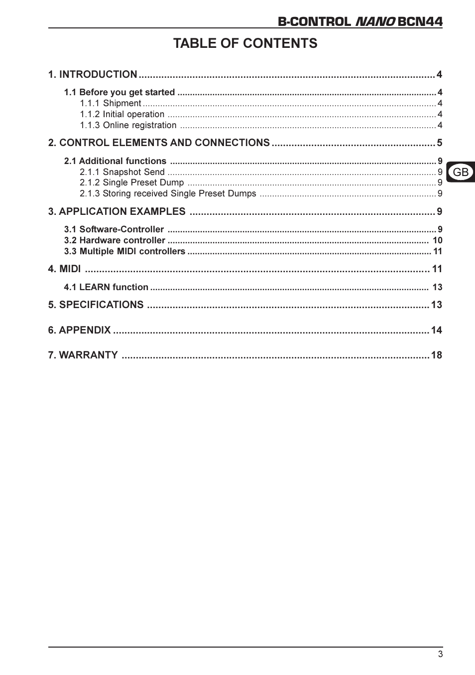 B-control nano bcn44 table of contents | Behringer B-CONTROL NANO BCN44 User Manual | Page 3 / 19