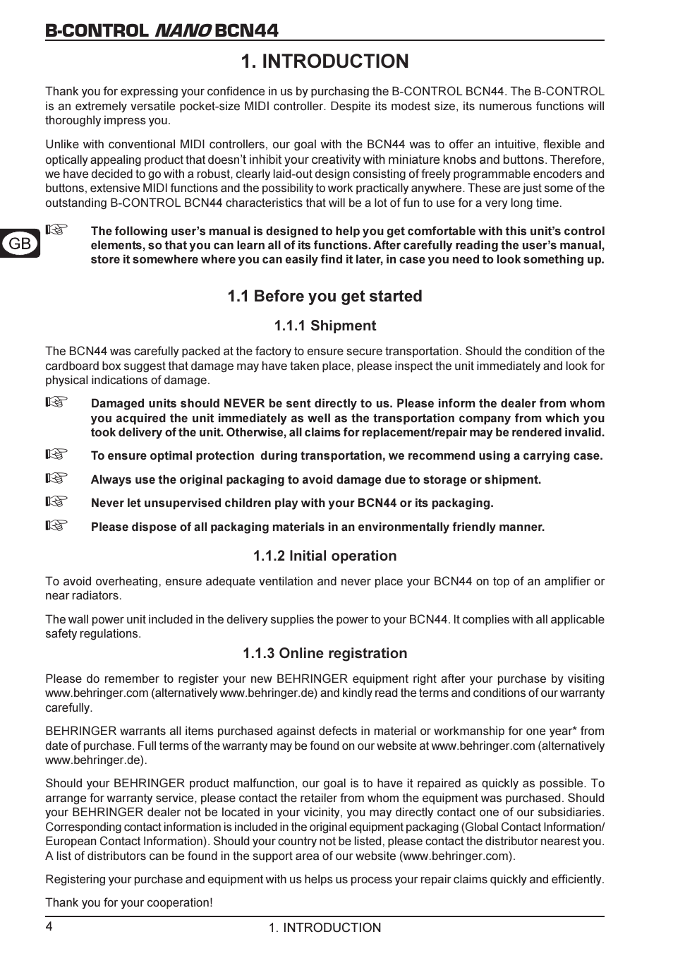 B-control nano bcn44, Introduction | Behringer B-CONTROL NANO BCN44 User Manual | Page 4 / 19