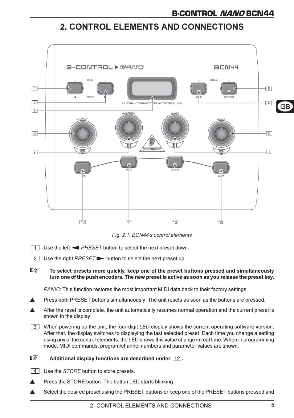 B-control nano bcn44, Control elements and connections | Behringer B-CONTROL NANO BCN44 User Manual | Page 5 / 19