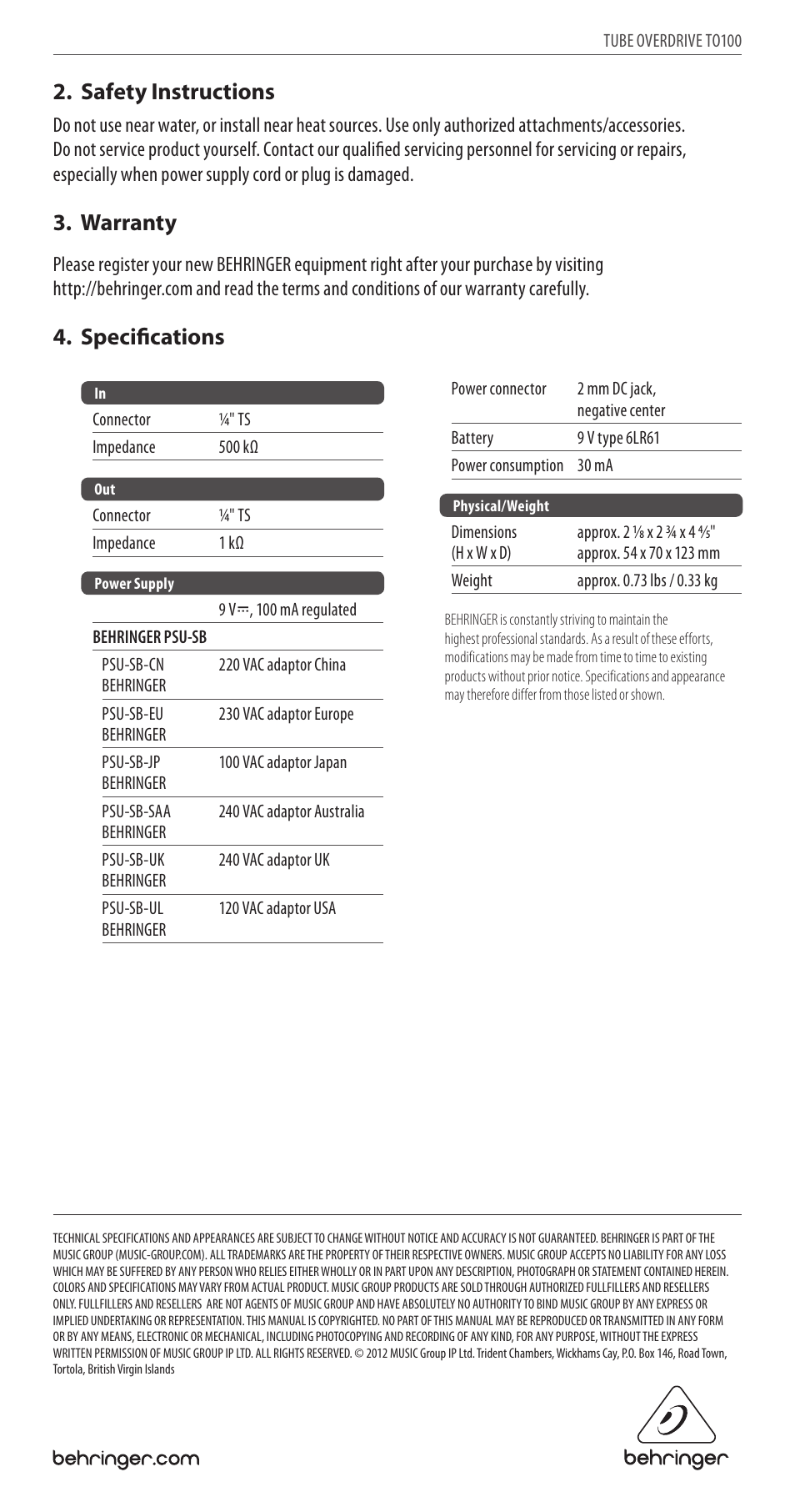 Safety instructions, Warranty, Specifications | Behringer TO100 User Manual | Page 2 / 2