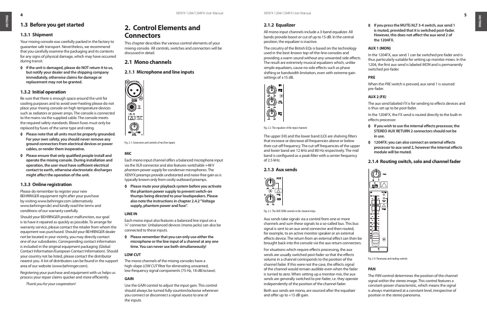 3 before you get started, Control elements and connectors, 1 mono channels | Control elements and 2. connectors, Before you get started 1.3, Mono channels 2.1 | Behringer XENYX 1204/1204FX User Manual | Page 3 / 11