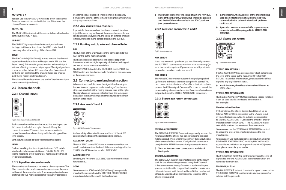 2 stereo channels, 3 connector panel and main section, Stereo channels 2.2 | Behringer XENYX 1204/1204FX User Manual | Page 4 / 11