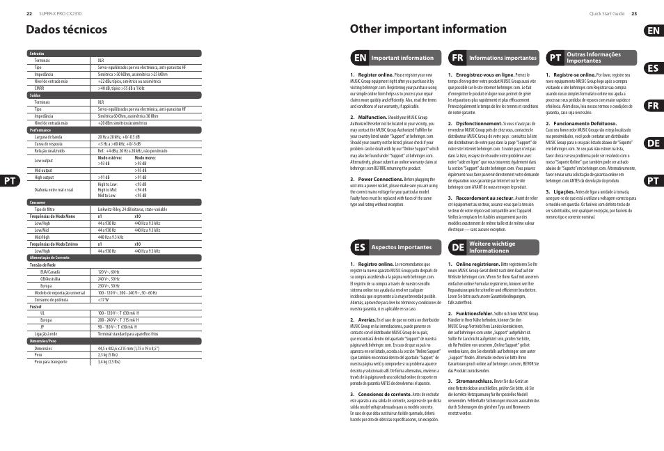Other important information, Dados técnicos | Behringer Super-X Pro CX2310 User Manual | Page 12 / 13