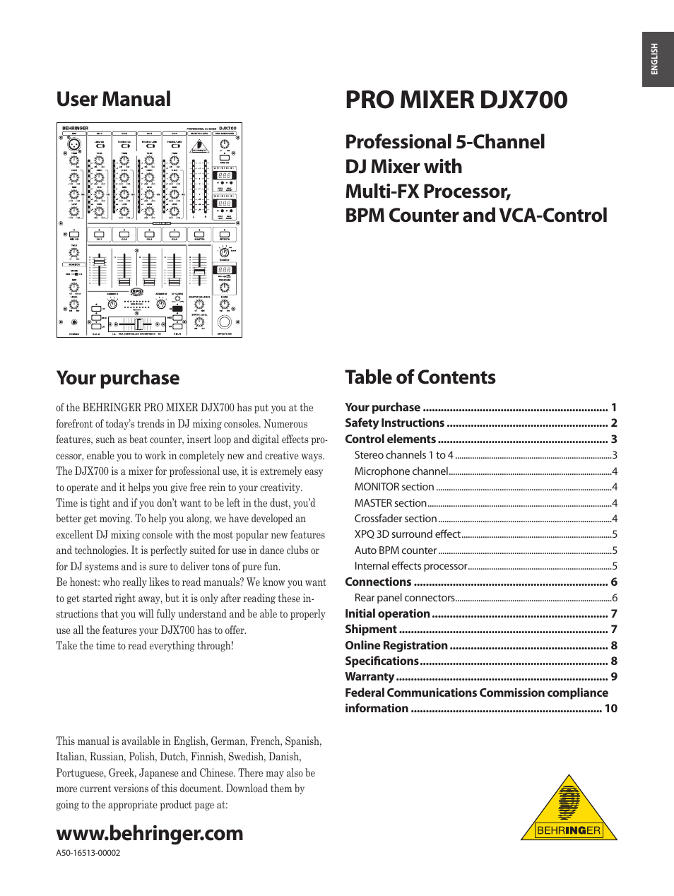 Behringer Professional 5-Channel DJ Mixer with Multi-FX Processor User Manual | 10 pages