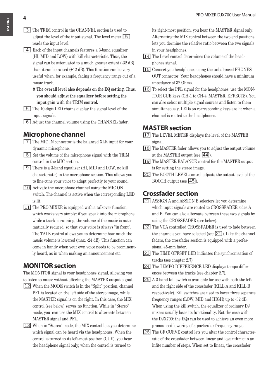 Microphone channel, Monitor section, Master section | Crossfader section | Behringer Professional 5-Channel DJ Mixer with Multi-FX Processor User Manual | Page 4 / 10