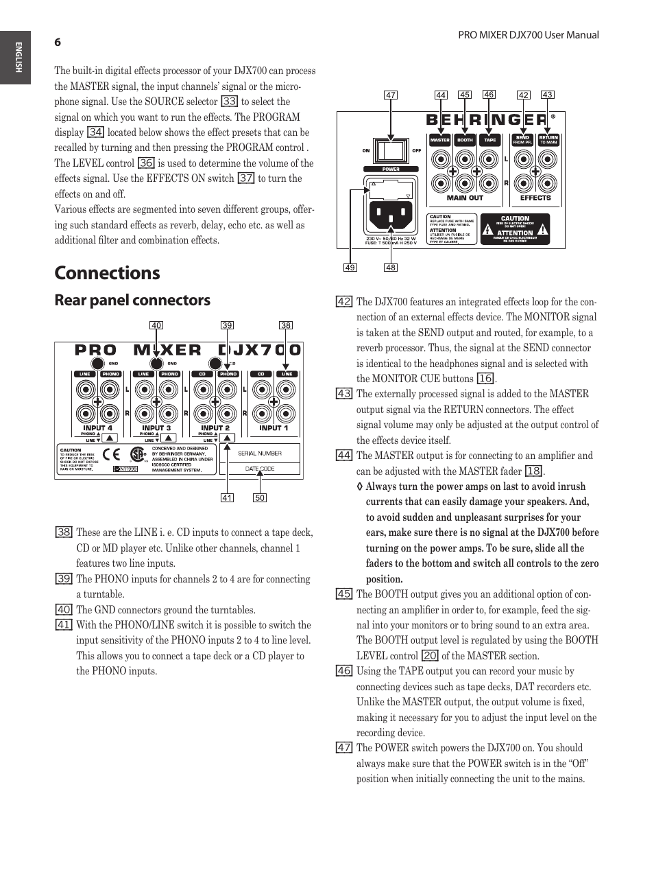 Connections, Rear panel connectors 1, Rear panel connectors | Behringer Professional 5-Channel DJ Mixer with Multi-FX Processor User Manual | Page 6 / 10