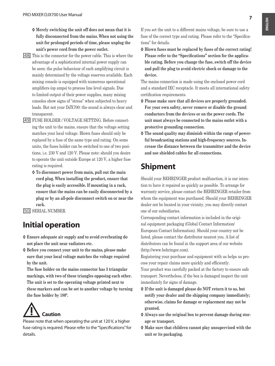 Initial operation, Shipment, Initial operation shipment | Behringer Professional 5-Channel DJ Mixer with Multi-FX Processor User Manual | Page 7 / 10