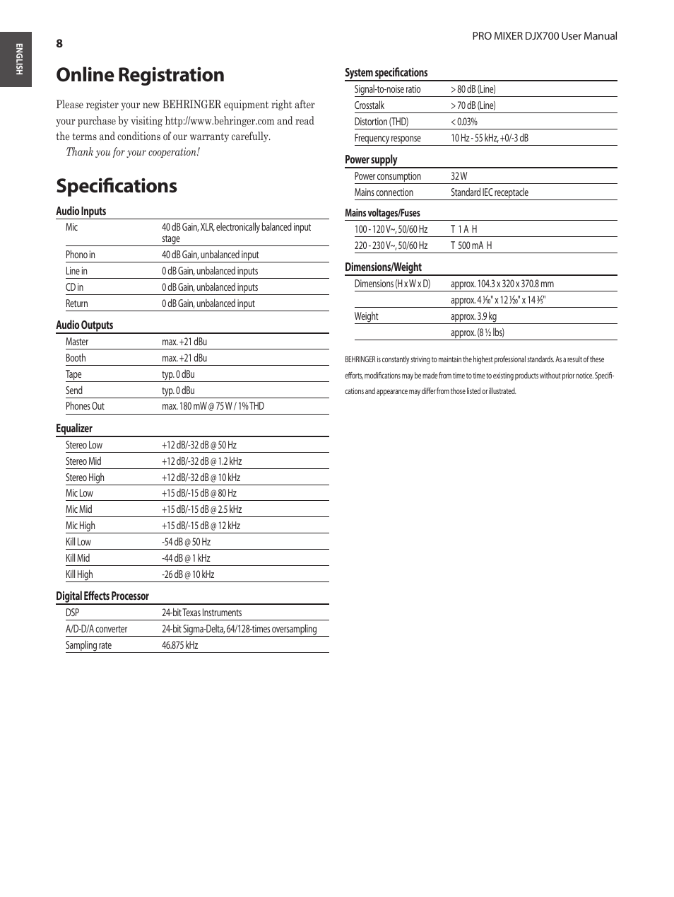 Online registration, Specifications, Online registration specifications | Behringer Professional 5-Channel DJ Mixer with Multi-FX Processor User Manual | Page 8 / 10