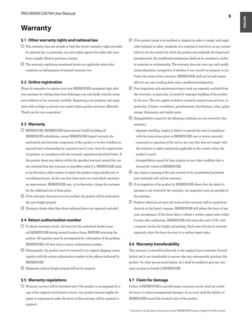 Warranty | Behringer Professional 5-Channel DJ Mixer with Multi-FX Processor User Manual | Page 9 / 10