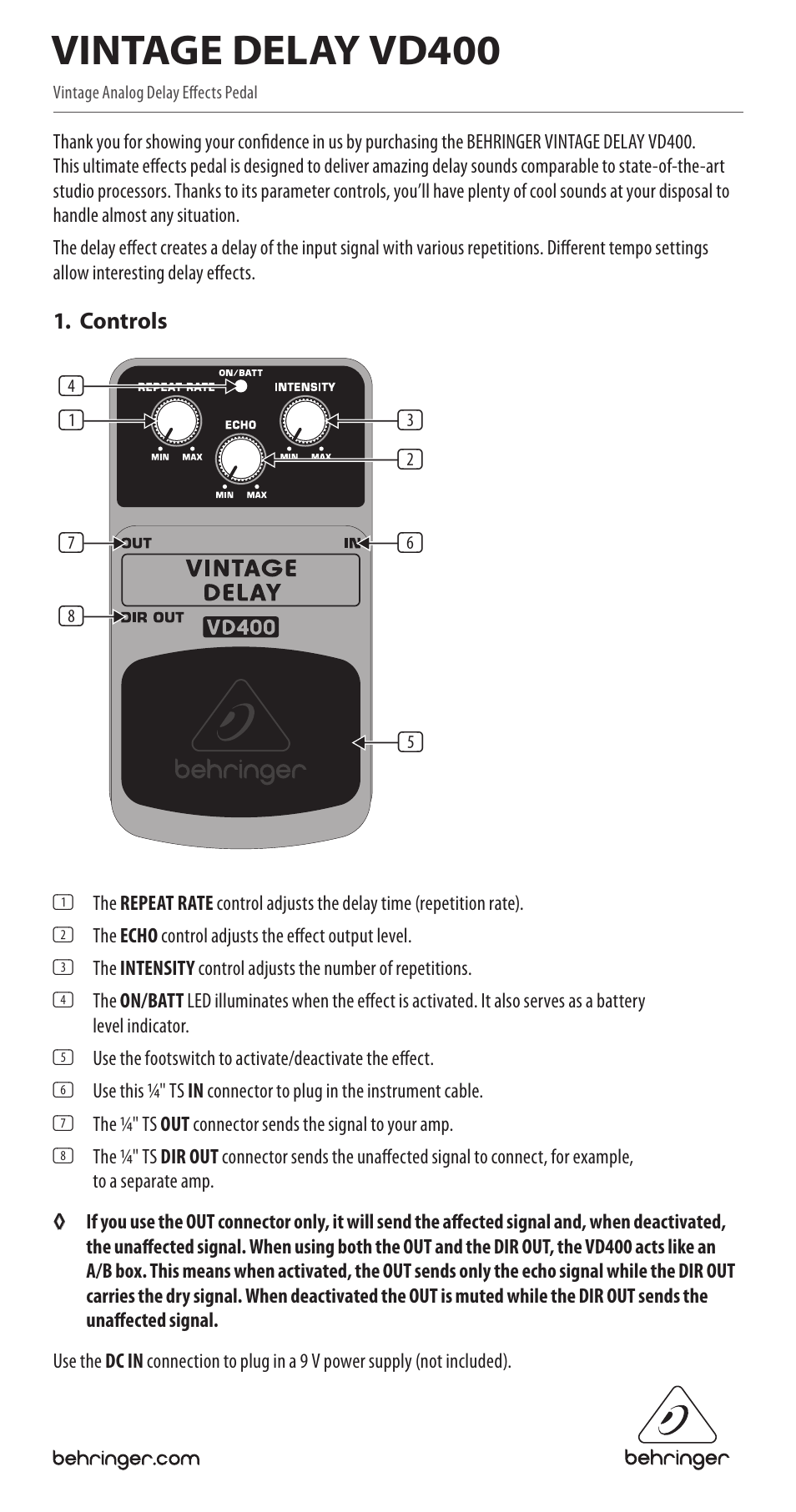 Behringer Vintage Delay VD400 User Manual | 2 pages