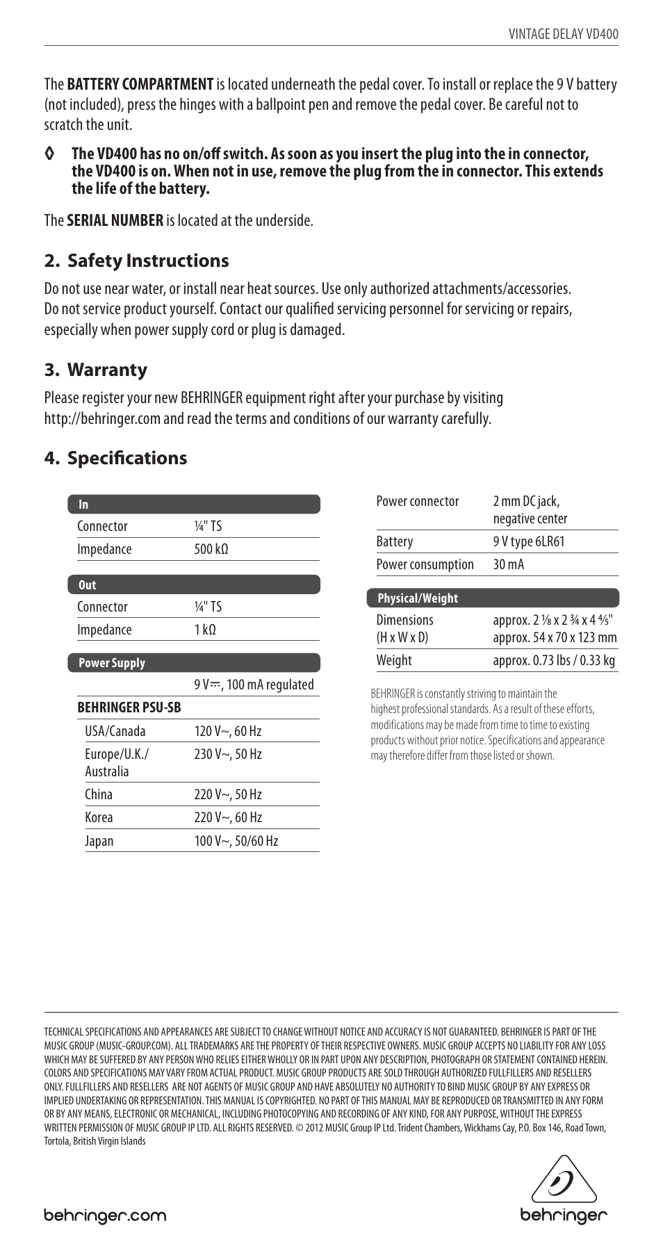 Safety instructions, Warranty, Specifications | Behringer Vintage Delay VD400 User Manual | Page 2 / 2