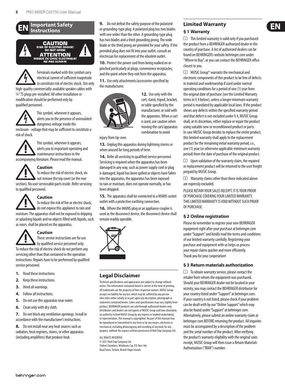 Important safety instructions, Legal disclaimer, Limited warranty | Behringer PRO MIXER DJX750 User Manual | Page 3 / 11
