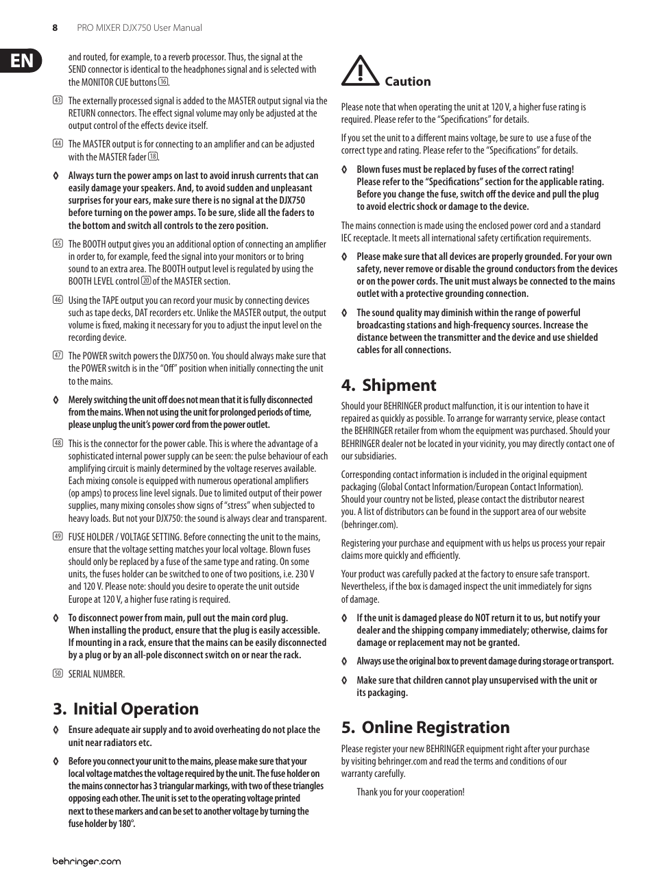 Initial operation, Shipment, Online registration | Initial operation 3, Shipment 4, Online registration 5 | Behringer PRO MIXER DJX750 User Manual | Page 8 / 11