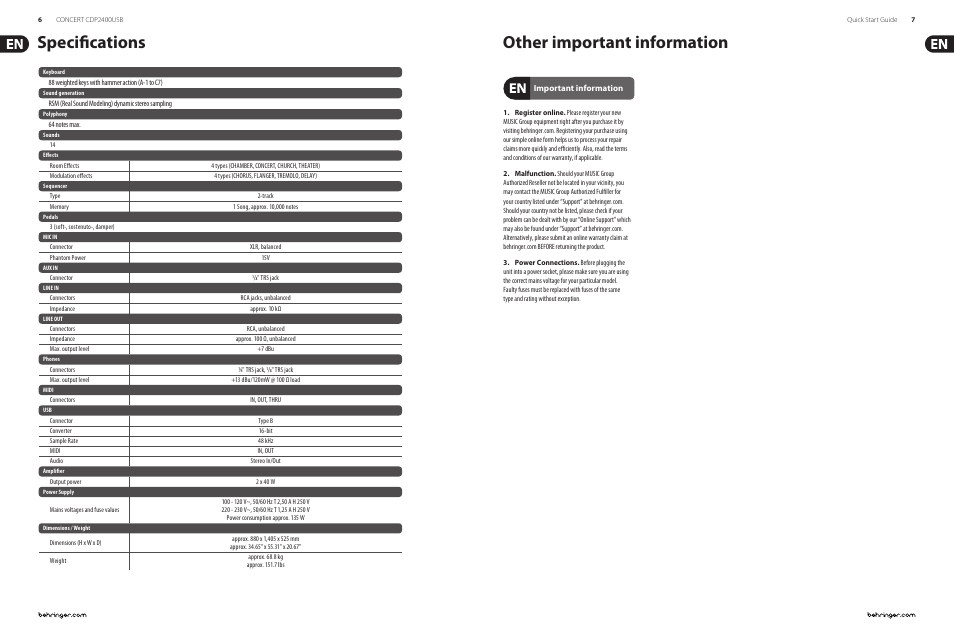 Other important information, Specifications | Behringer Concert CDP2400USB User Manual | Page 4 / 6