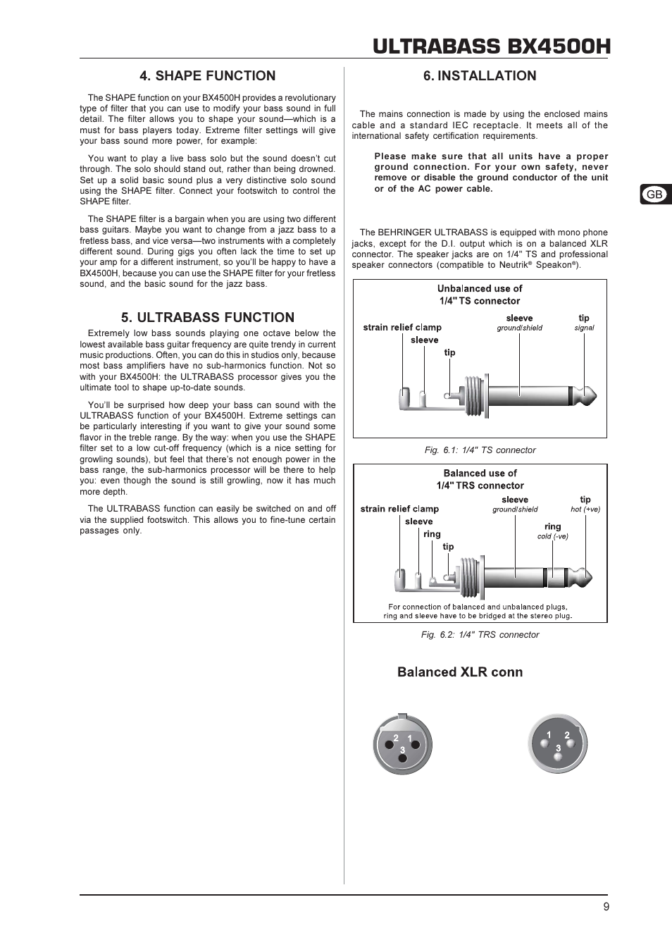 Ultrabass bx4500h, Shape function, Ultrabass function | Installation | Behringer BX4500H User Manual | Page 9 / 11