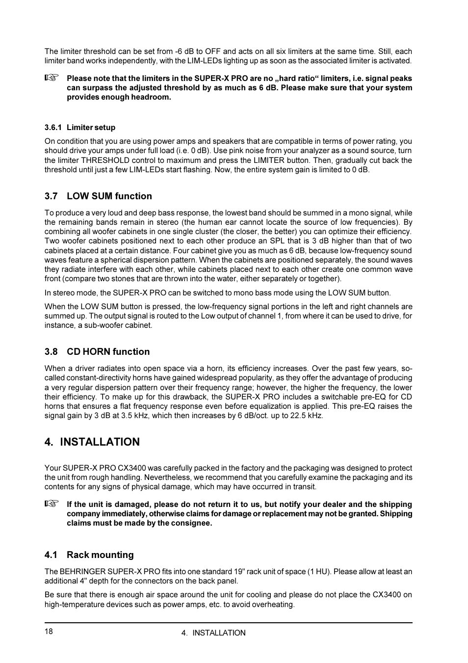 1 limiter setup, 7 low sum function, 8 cd horn function | Installation, 1 rack mounting | Behringer CX3400 User Manual | Page 18 / 22