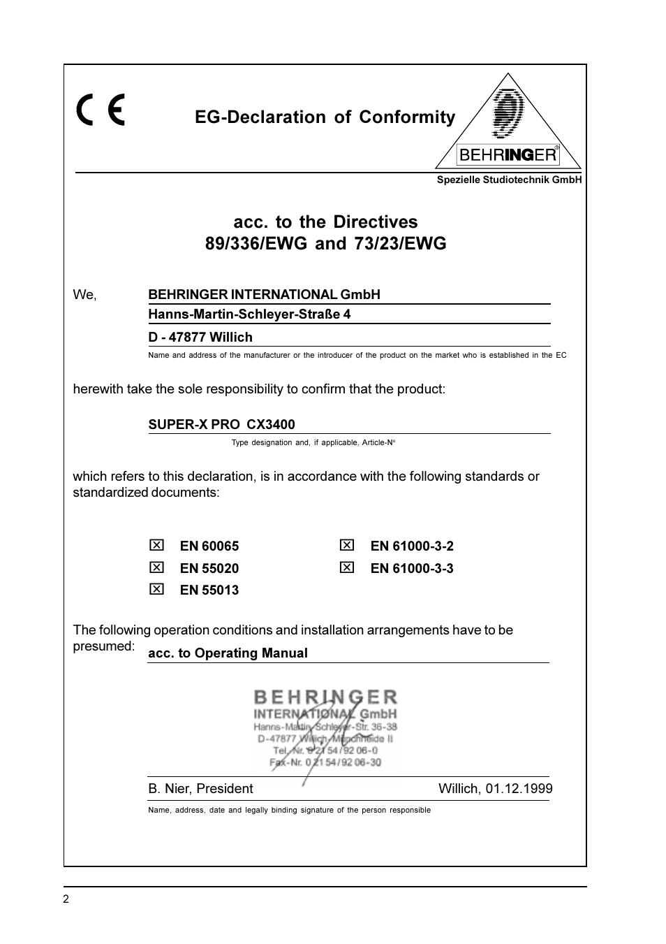 Eg-declaration of conformity | Behringer CX3400 User Manual | Page 2 / 22