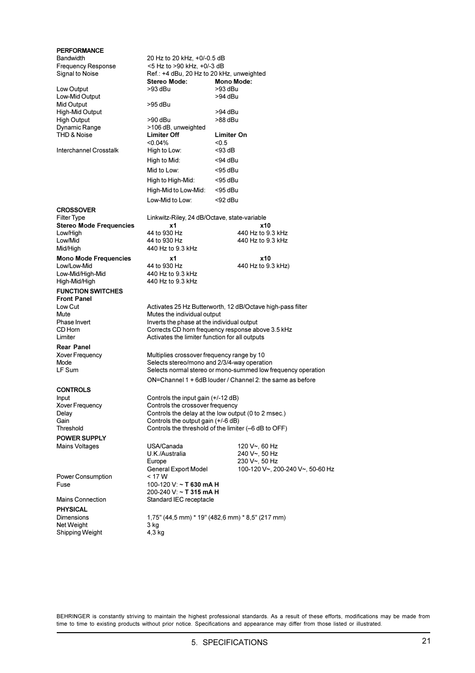 Specifications | Behringer CX3400 User Manual | Page 21 / 22