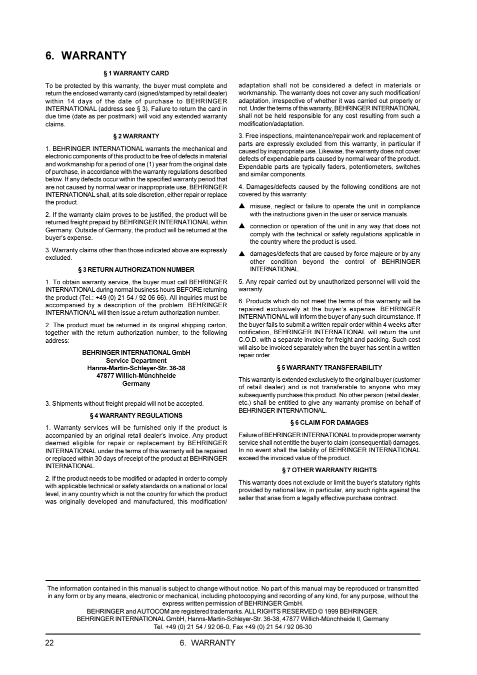 Warranty | Behringer CX3400 User Manual | Page 22 / 22