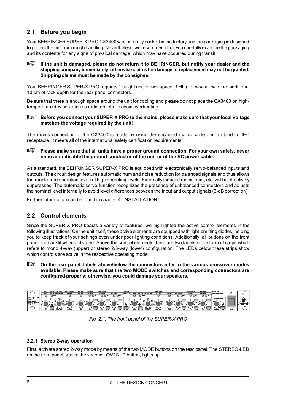 1 before you begin, 2 control elements, 1 stereo 2-way operation | Behringer CX3400 User Manual | Page 8 / 22