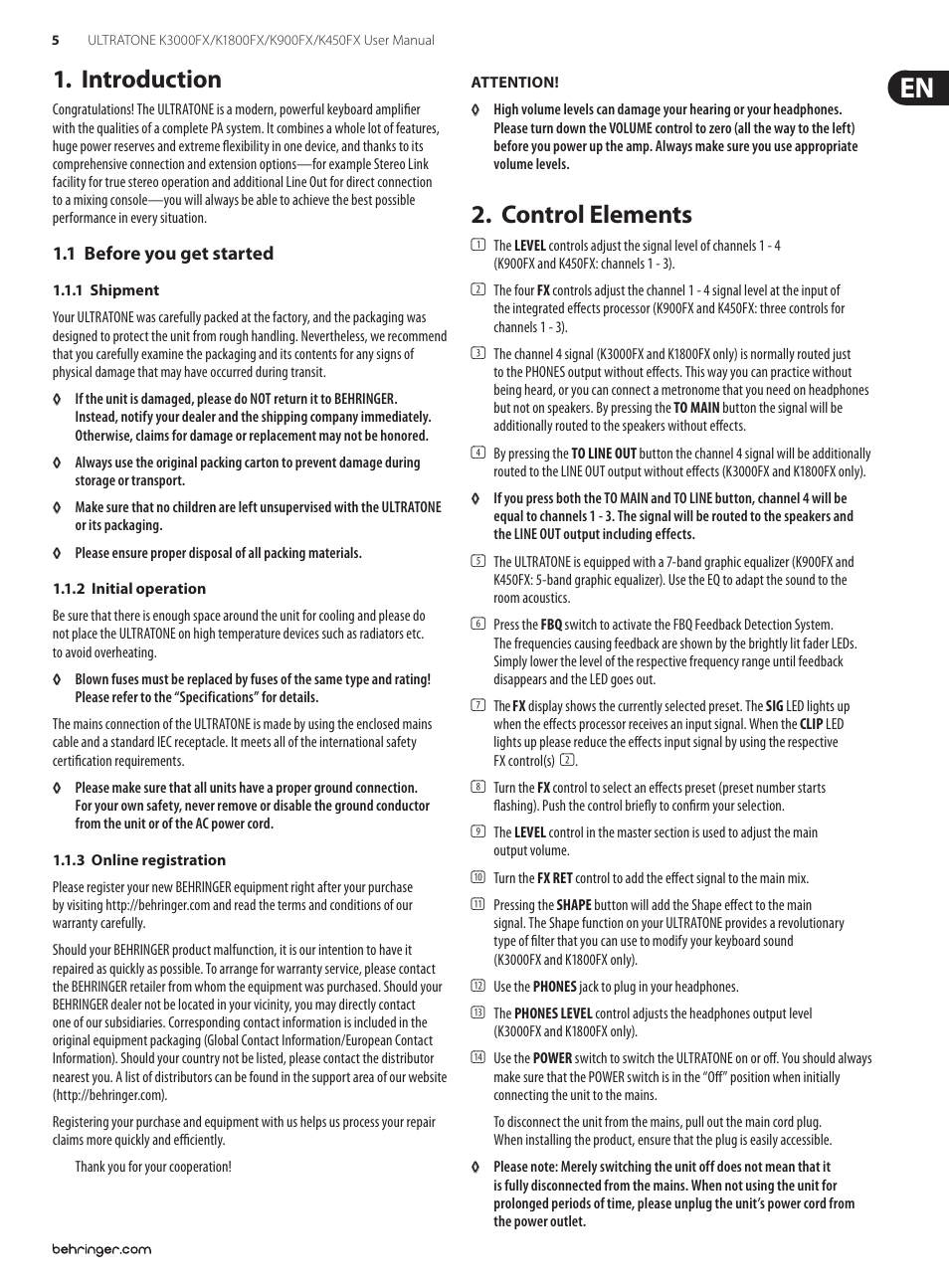 Introduction, 1 before you get started, 1 shipment | 2 initial operation, 3 online registration, Control elements | Behringer K900FX User Manual | Page 5 / 11