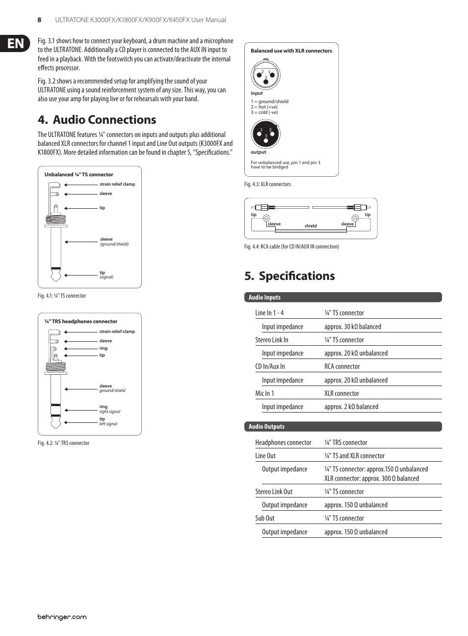 Audio connections, Specifications, Audio connections 5. specifications | Behringer K900FX User Manual | Page 8 / 11