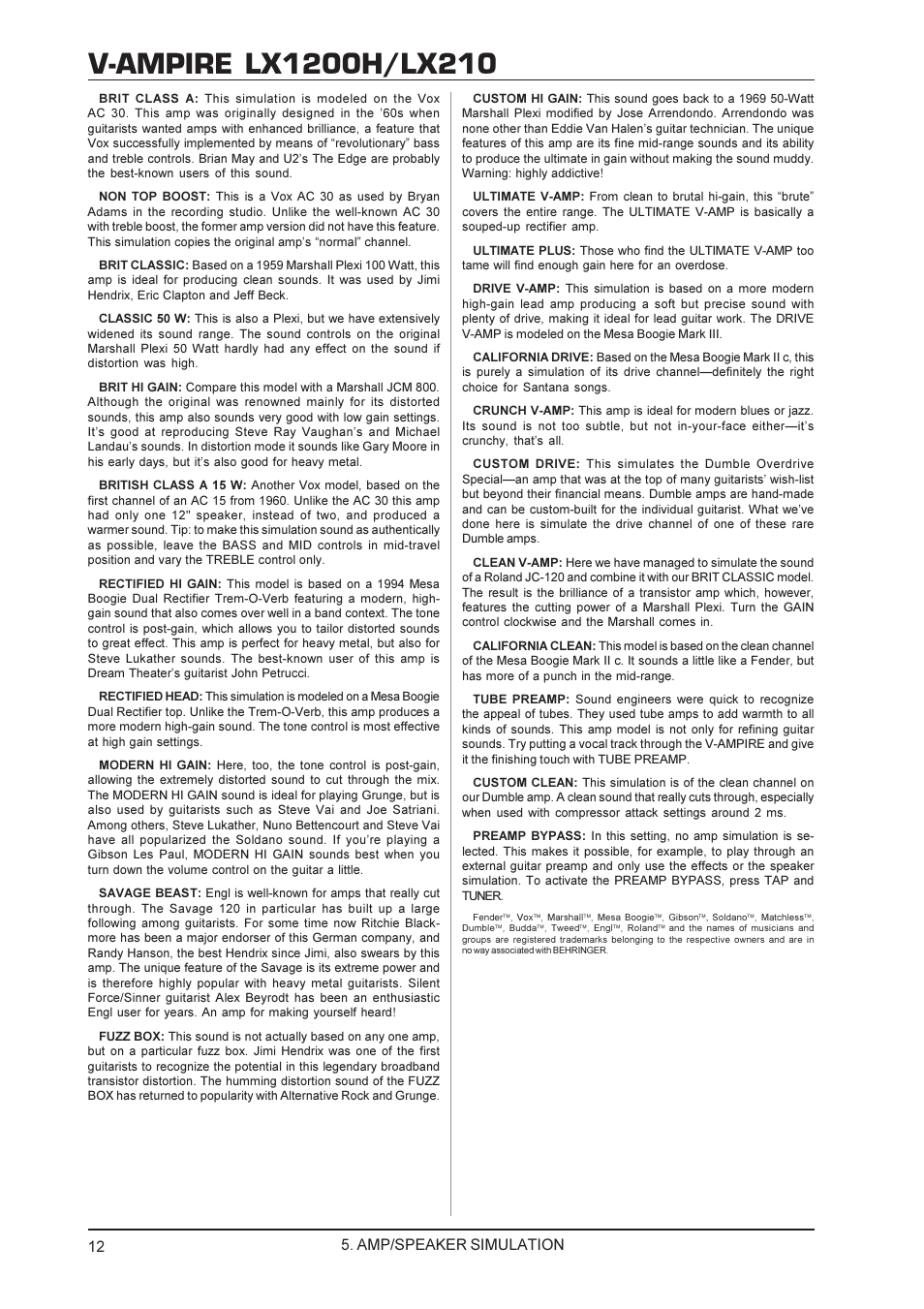 Amp/speaker simulation | Behringer V-AMPIRE LX210 User Manual | Page 12 / 19