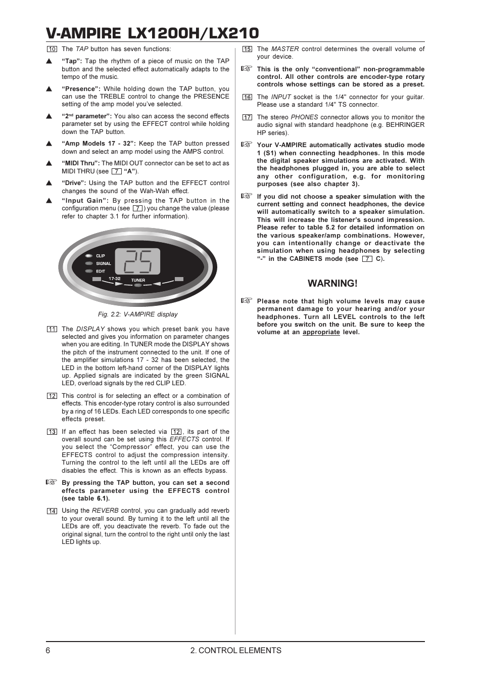 Warning | Behringer V-AMPIRE LX210 User Manual | Page 6 / 19