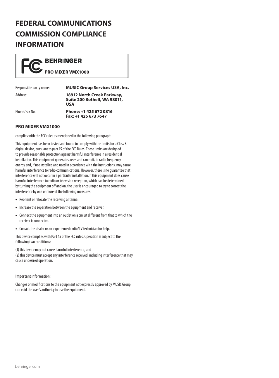 Behringer Audio Mixer VMX1000 User Manual | Page 11 / 11
