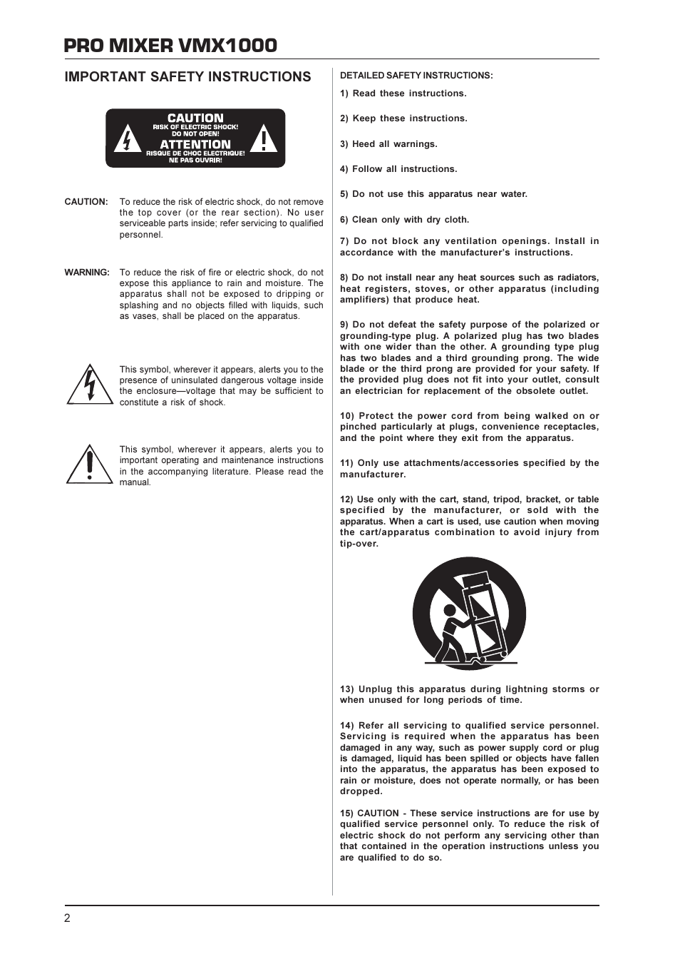 Pro mixer vmx1000, Important safety instructions | Behringer Audio Mixer VMX1000 User Manual | Page 2 / 11