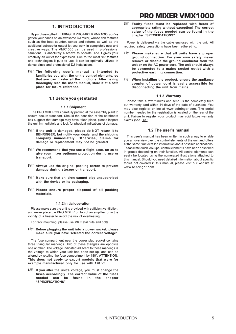 Pro mixer vmx1000, Introduction | Behringer Audio Mixer VMX1000 User Manual | Page 5 / 11