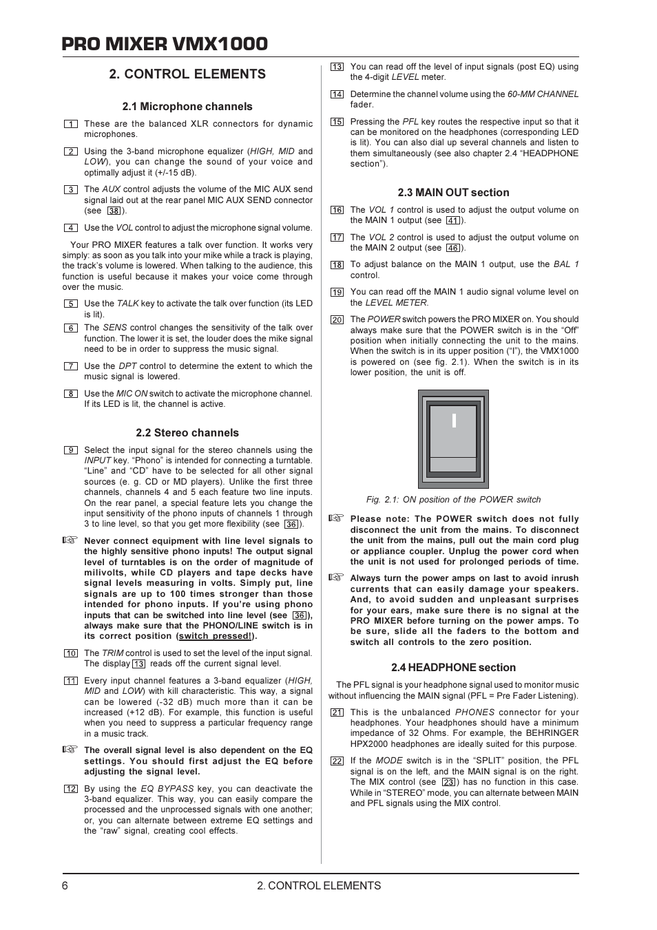 Pro mixer vmx1000, Control elements | Behringer Audio Mixer VMX1000 User Manual | Page 6 / 11