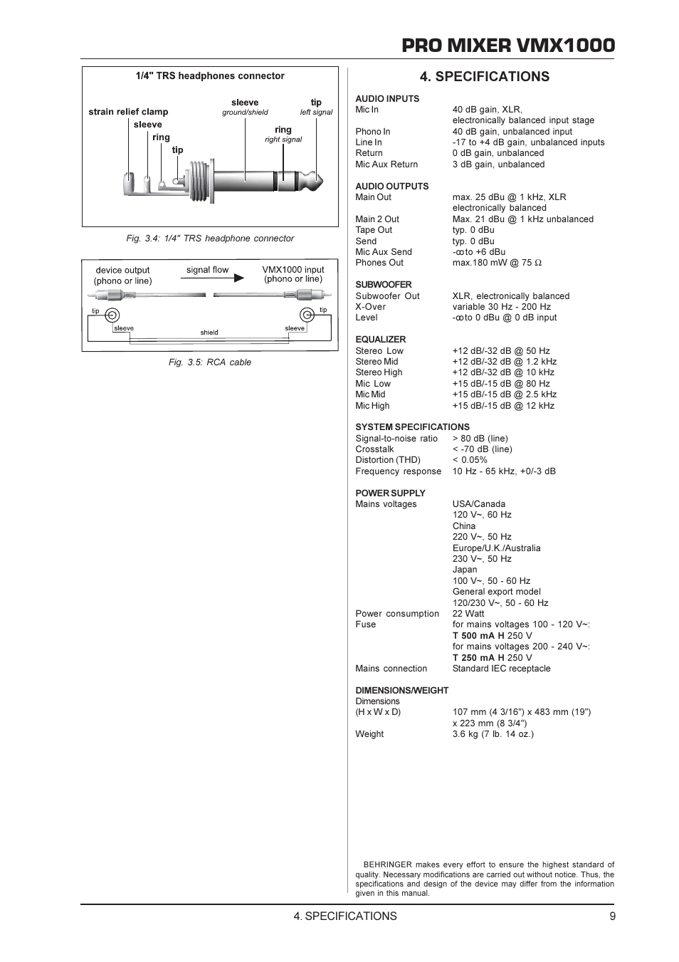 Pro mixer vmx1000, Specifications | Behringer Audio Mixer VMX1000 User Manual | Page 9 / 11