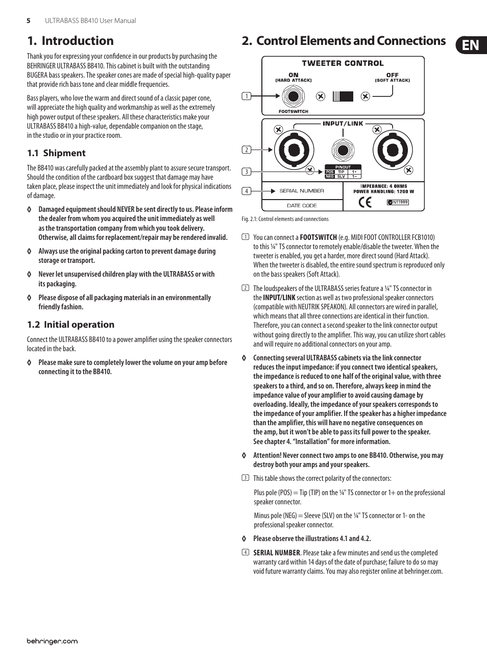 Introduction, 1 shipment, 2 initial operation | Control elements and connections, 1 shipment 1.2 initial operation | Behringer Ultrabass BB410 User Manual | Page 5 / 9