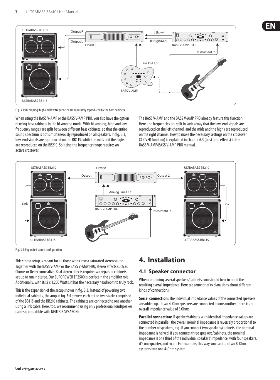 Installation, 1 speaker connector | Behringer Ultrabass BB410 User Manual | Page 7 / 9