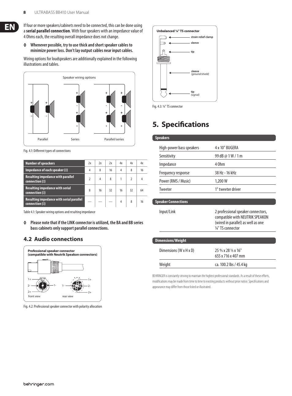 2 audio connections, Specifications | Behringer Ultrabass BB410 User Manual | Page 8 / 9