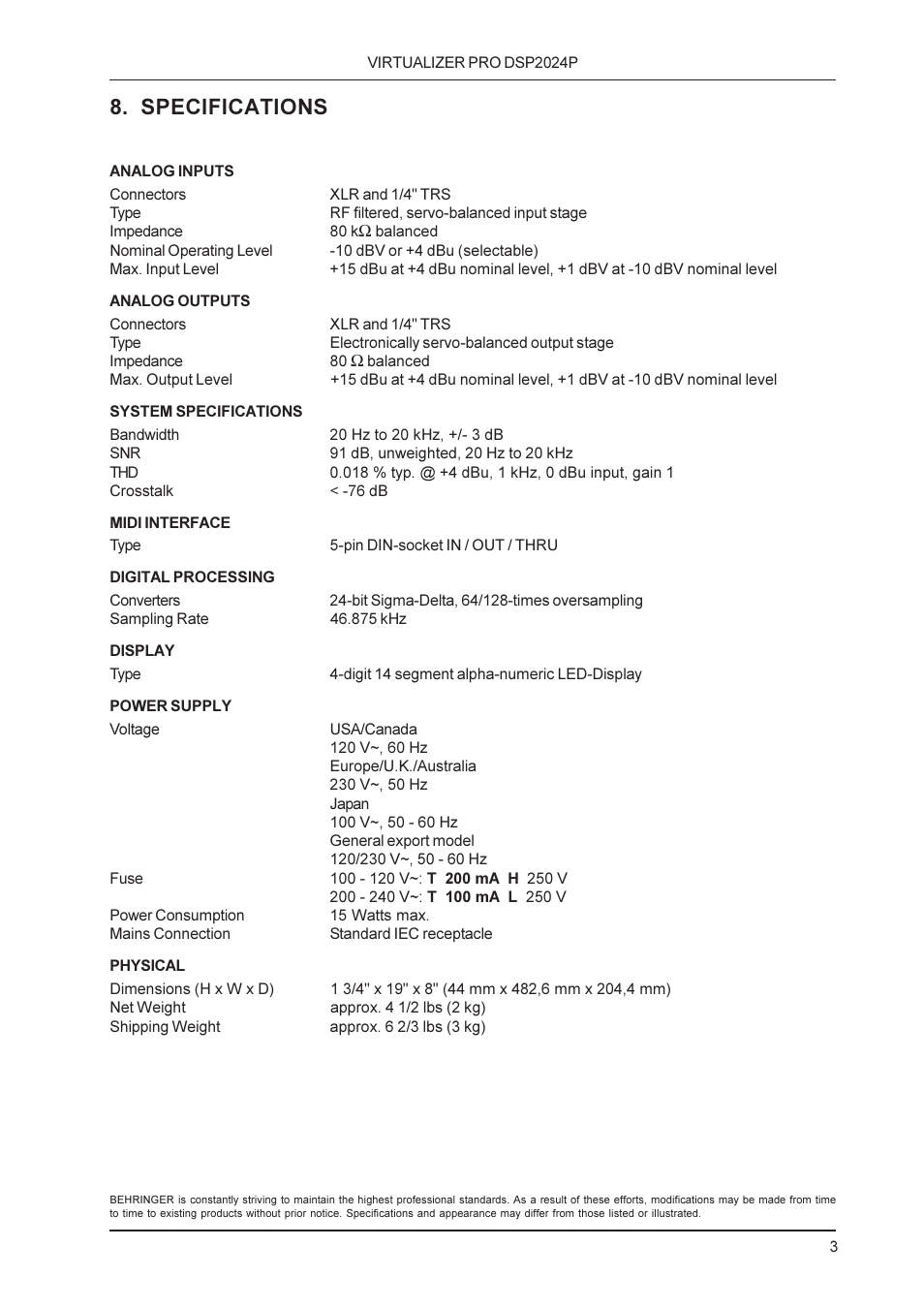 Specifications | Behringer Virtualizer Pro DSP2024P User Manual | Page 3 / 4