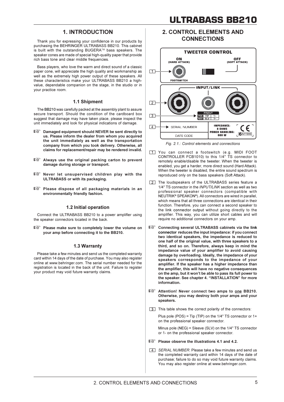 Ultrabass bb210, Introduction, Control elements and connections | Behringer BB210 User Manual | Page 5 / 9