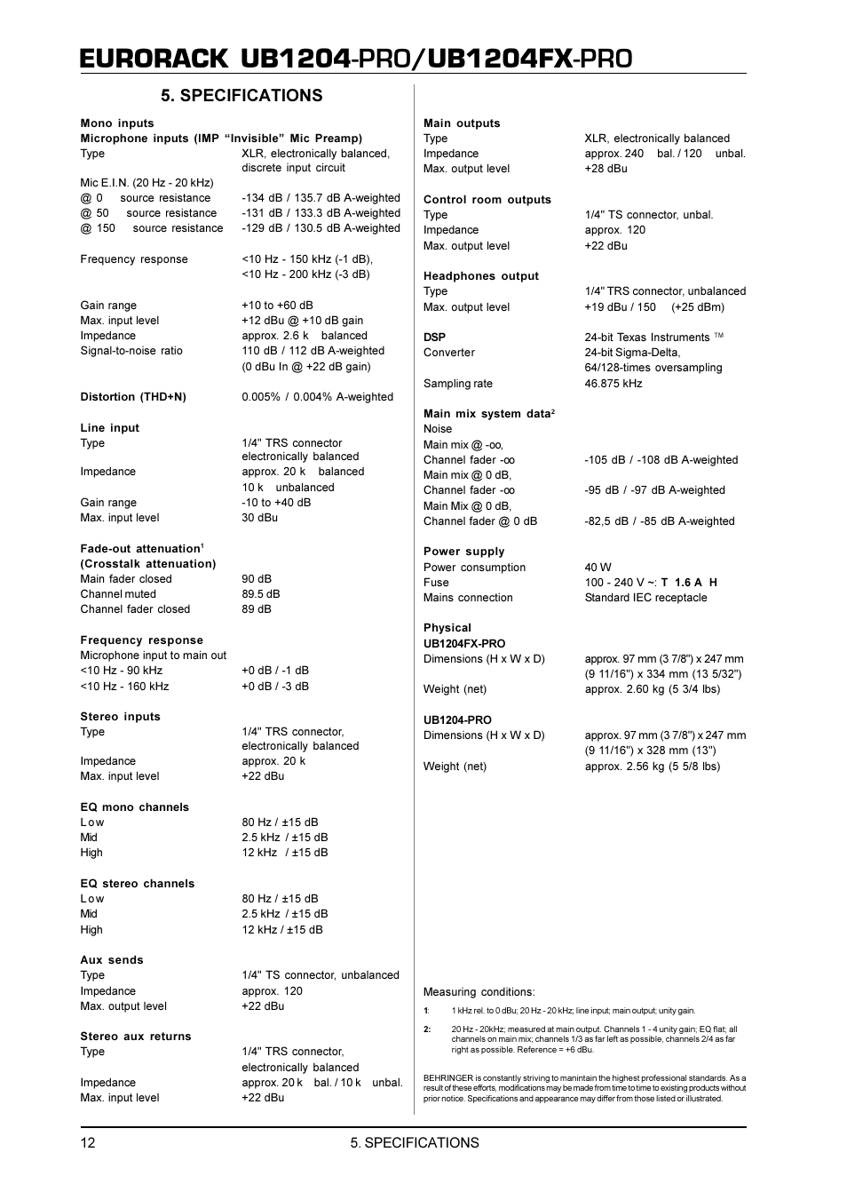 Eurorack ub1204, Ub1204fx, Specifications | Behringer UB1204FX-PRO User Manual | Page 12 / 13