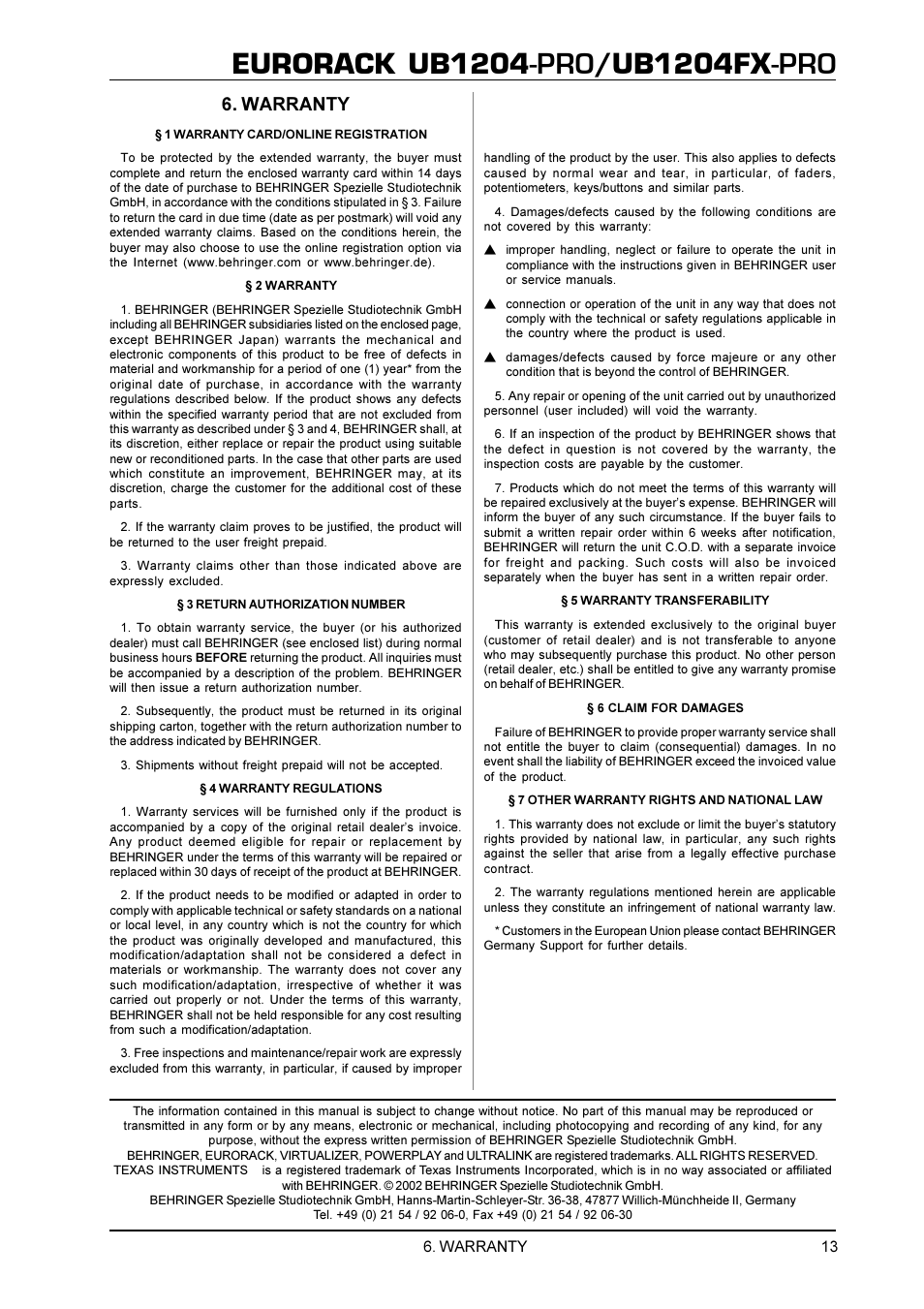 Eurorack ub1204, Ub1204fx, Warranty | Behringer UB1204FX-PRO User Manual | Page 13 / 13